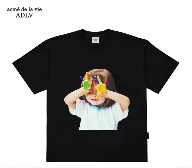 [ADLV] Baby Face Short Sleeve T-Shirt Black Colorful Hands